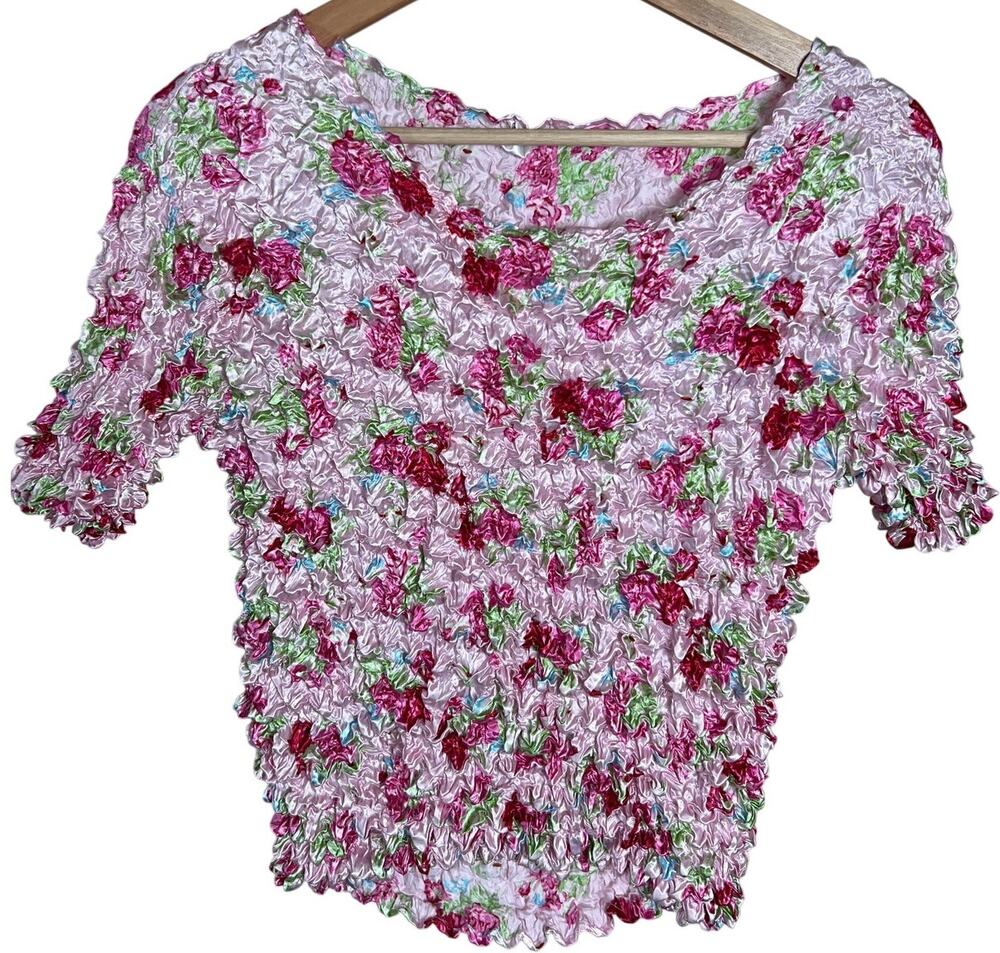 F C Purple Floral Popcorn Bubble Shirt One Size Crinkle Stretch